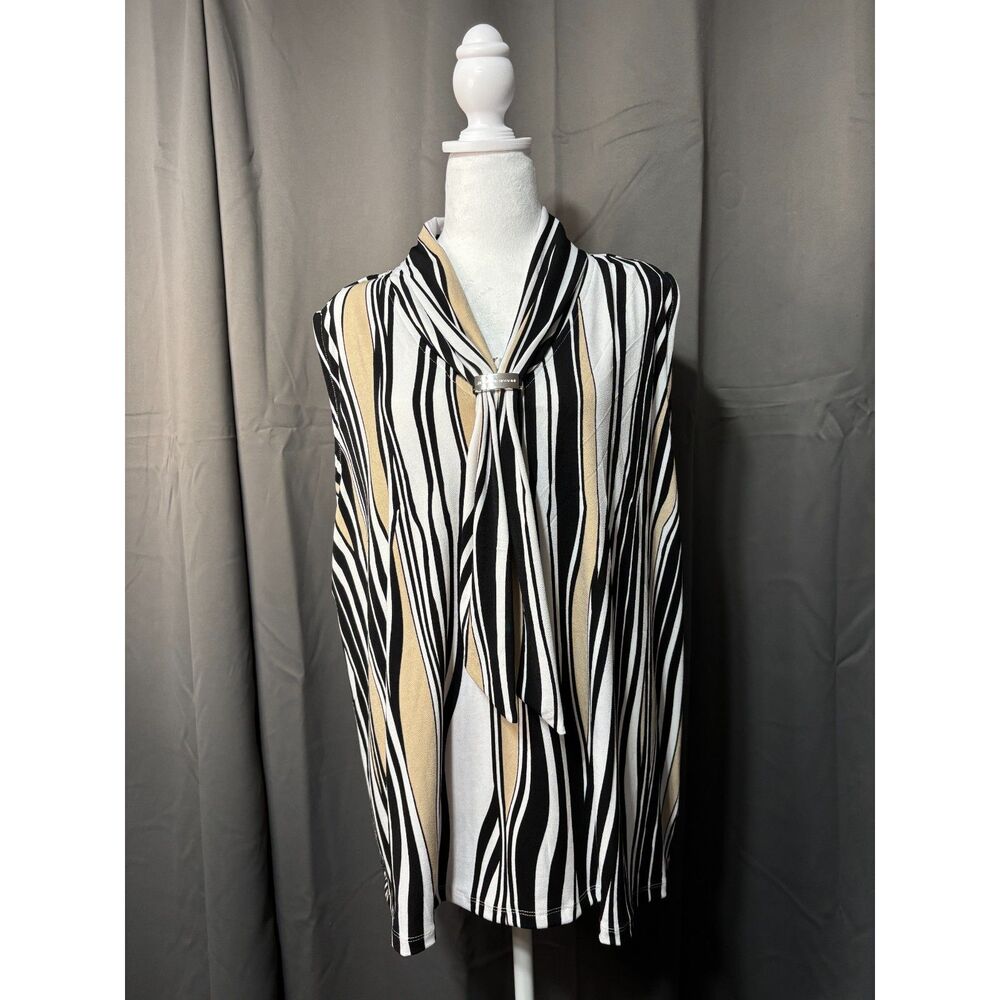 Adrienne Vittadini 2X Zebra Stripe Sleeveless Blouse Tie Neck Career Chic